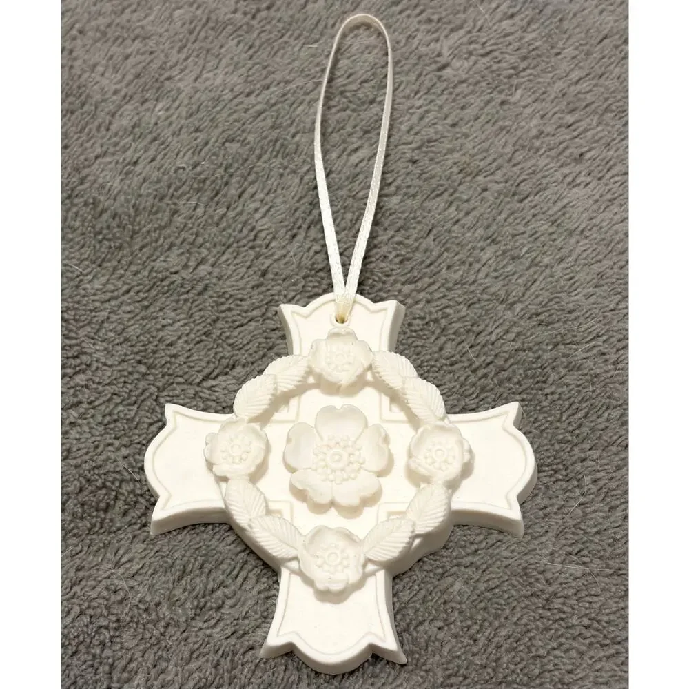 Vtg Margaret Furlong Blooms Of Hope Floral Cross Bisque Christmas Ornament 1998
